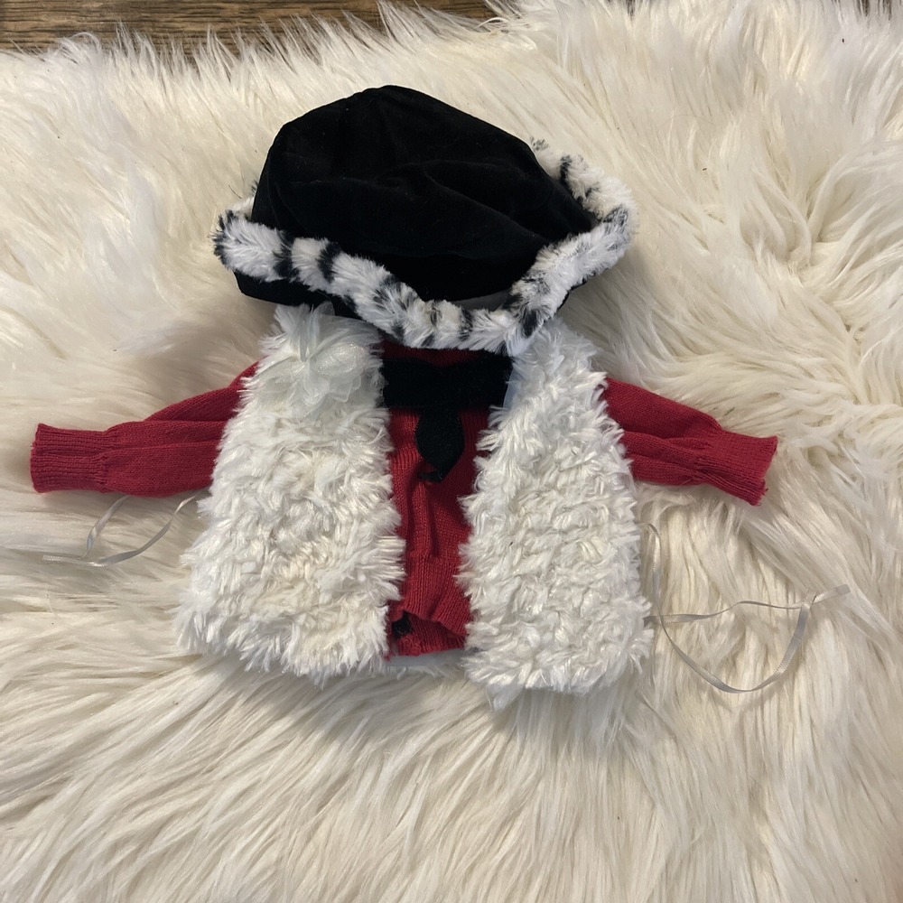 American Girl Doll Red Shirt White Faux Fur Vest and Hat Outfit Set